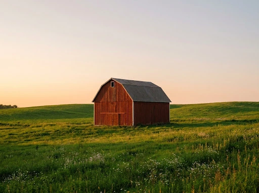 Traditional red wooden barn in a green field at sunset