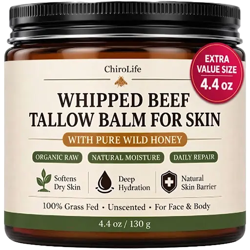ChiroLife Grass-Fed Whipped Beef Tallow Balm jar, 4.4 oz